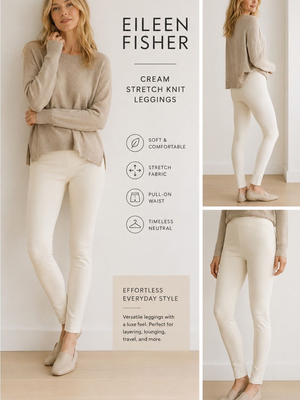 Eileen Fisher Cream Stretch Knit Leggings – Neutral Pull-On